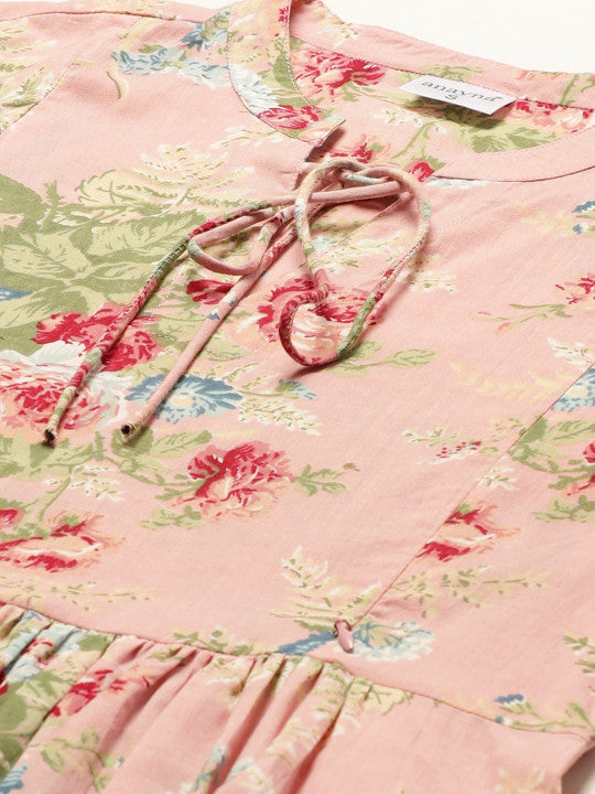 Women Peach-Coloured & Green Floral Printed Pure Cotton Maternity A-Line Dress