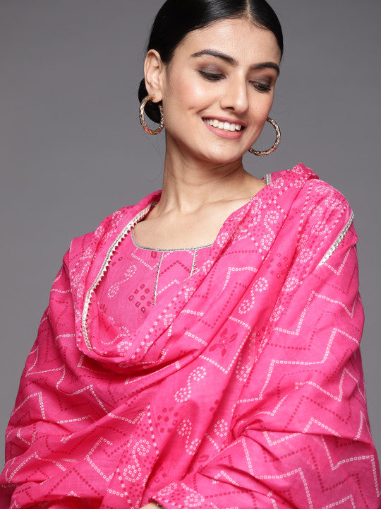 Libas Women Pink Bandhani Printed Gotta Patti Pure Cotton Kurta with Trousers & With Dupatta