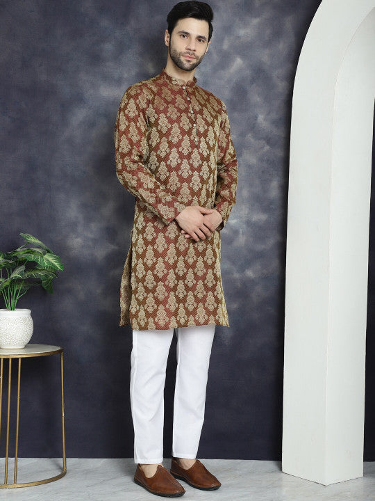 Maroon Ethnic Motifs Woven Design Jacquard Straight Cotton Silk Kurta