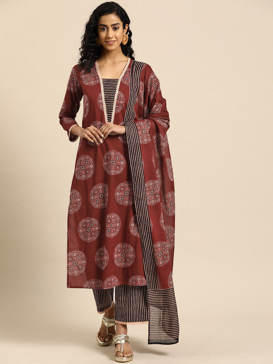 anayna Women Ethnic Motifs Printed Regular Pure Cotton Kurta with Trousers & With Dupatta
