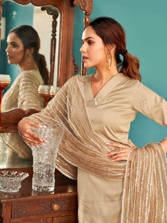 Tikhi Imli V-Neck Pure Cotton Straight Kurta & Trousers With Dupatta