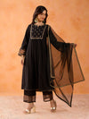 Likha Black Ethnic Bloom Embroidered Kurta Pant & Organza Dupatta LIKSKD287 (Set of 3)