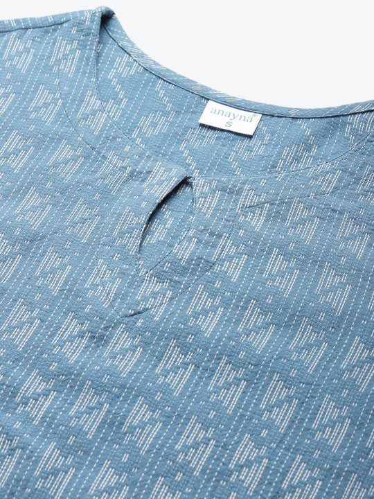 anayna Women Blue & White Geometric Keyhole Neck Kurta