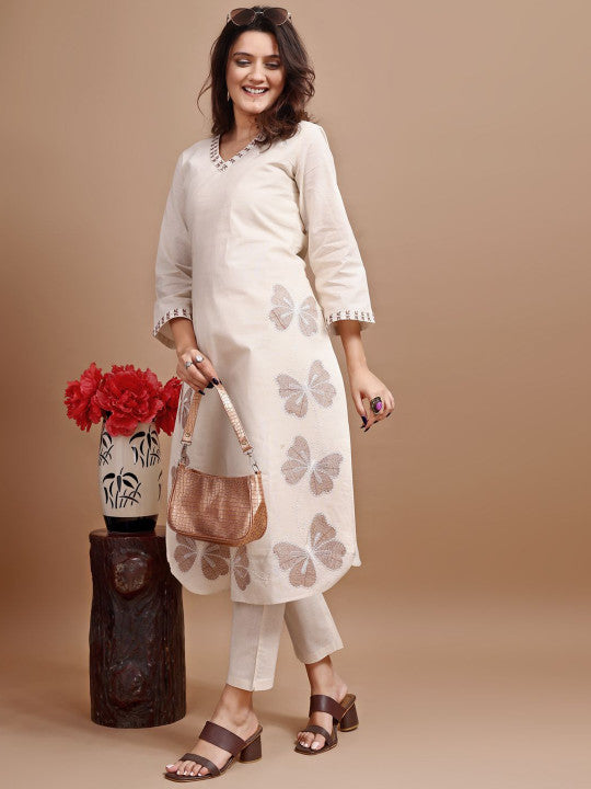 Tikhi Imli Embroidered V-Neck Three-Quarter Sleeves Linen Tunic With Trouser