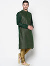 Deyann Men Green & Golden Floral Thread Work Floral Mandarin Collar Kurta