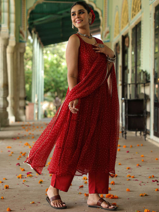 Anayna Women Bandhani Printed Tiered Gotta Patti Kurta with Trousers & Dupatta