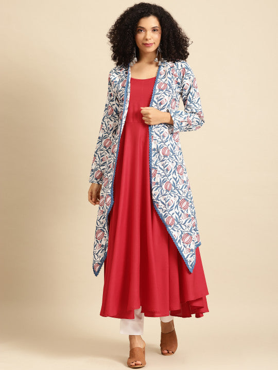 Women Blue & Red Solid Anarkali Kurta with Floral Screen Print Longline Jacket