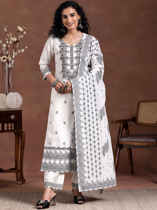 Libas Women Thread Work Linen Kurta with Palazzos & With Dupatta