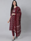 Anubhutee Women Maroon Ethnic Motifs Thread Work Pure Cotton Kurta with Trousers & With Dupatta