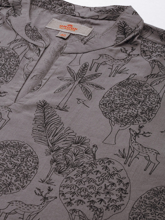 Men Grey Quirky Printed Cotton Short Kurta