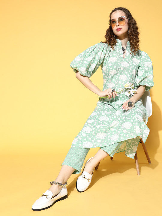 Women Green Pure Cotton All in the Details Kurta Set