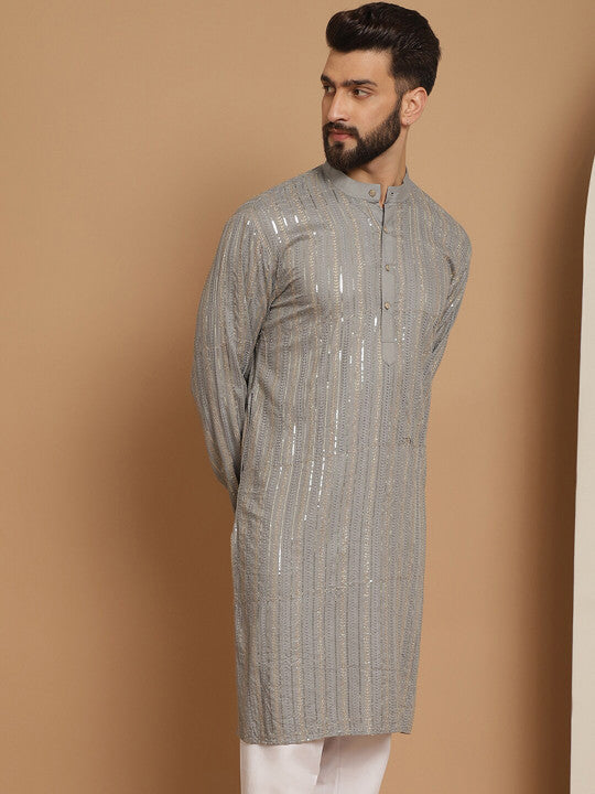 Anouk Grey Striped Band Collar Sequinned Detailed Cotton Straight Kurta