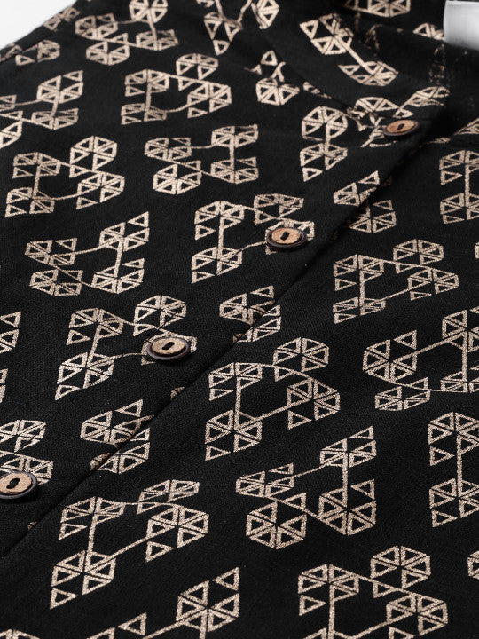 Women Black & Golden Printed Straight Kurta