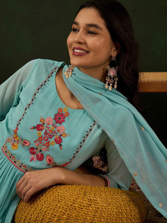 Sangria Blue Floral Embroidered Zari Sequince Anarkali Kurta With Trousers And Dupatta