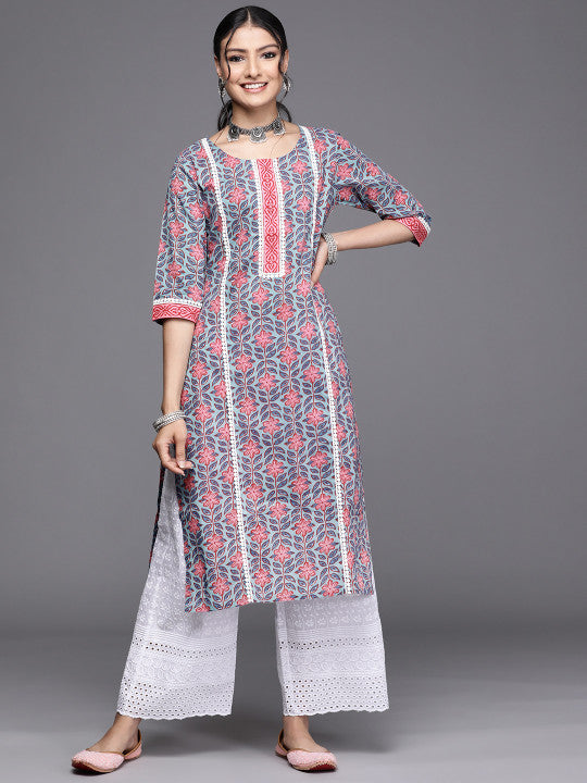 Libas Women Blue & Pink Floral Motifs Printed Kurta