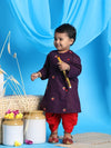 Vastramay Sishu Boys Purple Embroidered Angrakha Cotton Blend Kurta with Dhoti Pants 6 - 12M