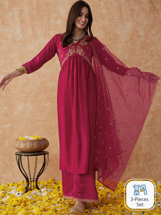 Sangria Embroidered Anarkali Kurta With Palazzo & Dupatta Set