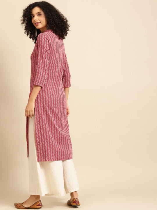 anayna Women Red & White Striped Kurta