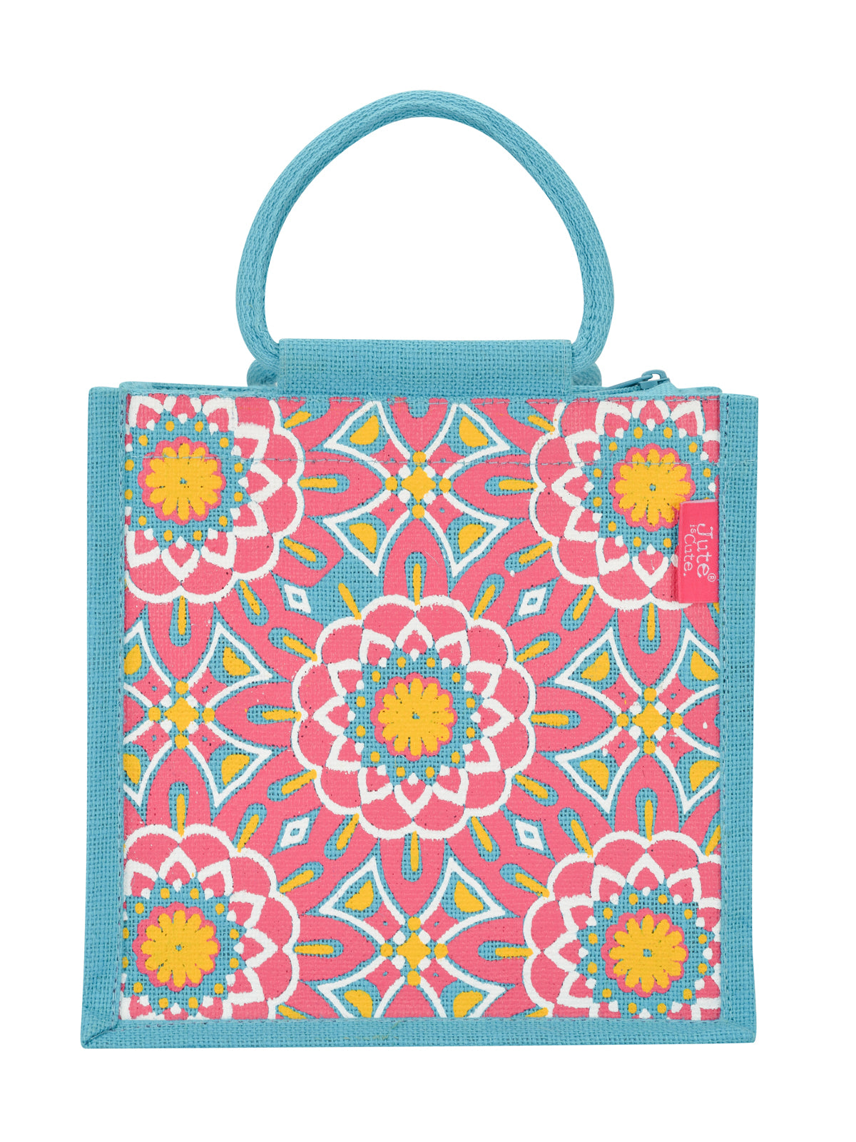 JUTE COTTAGE MUGHAL PRINT ZIPPER LUNCH BAG, SUSTAINABLE, ECO-FRIENDLY, 100% GENUINE, STYLISH JUTE BAG (TURQUOISE BLUE 10X10X7)