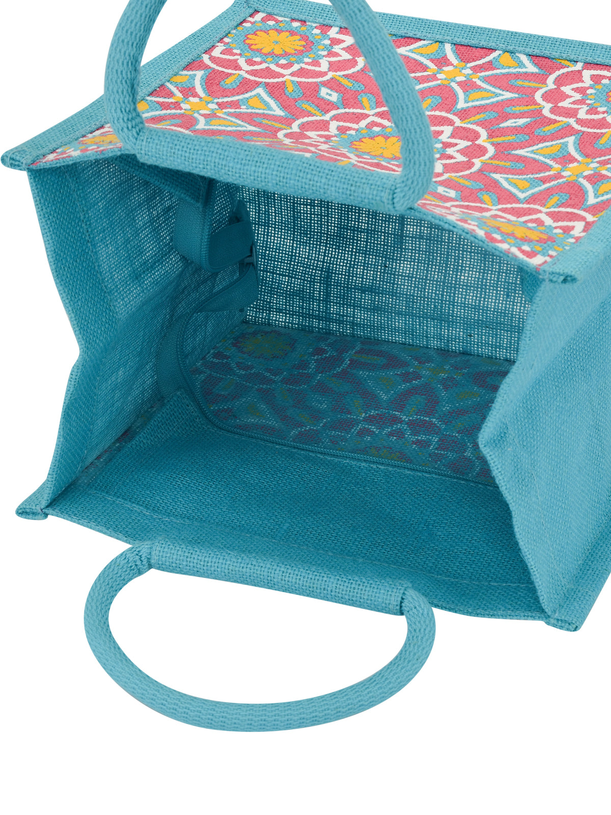 JUTE COTTAGE MUGHAL PRINT ZIPPER LUNCH BAG, SUSTAINABLE, ECO-FRIENDLY, 100% GENUINE, STYLISH JUTE BAG (TURQUOISE BLUE 10X10X7)