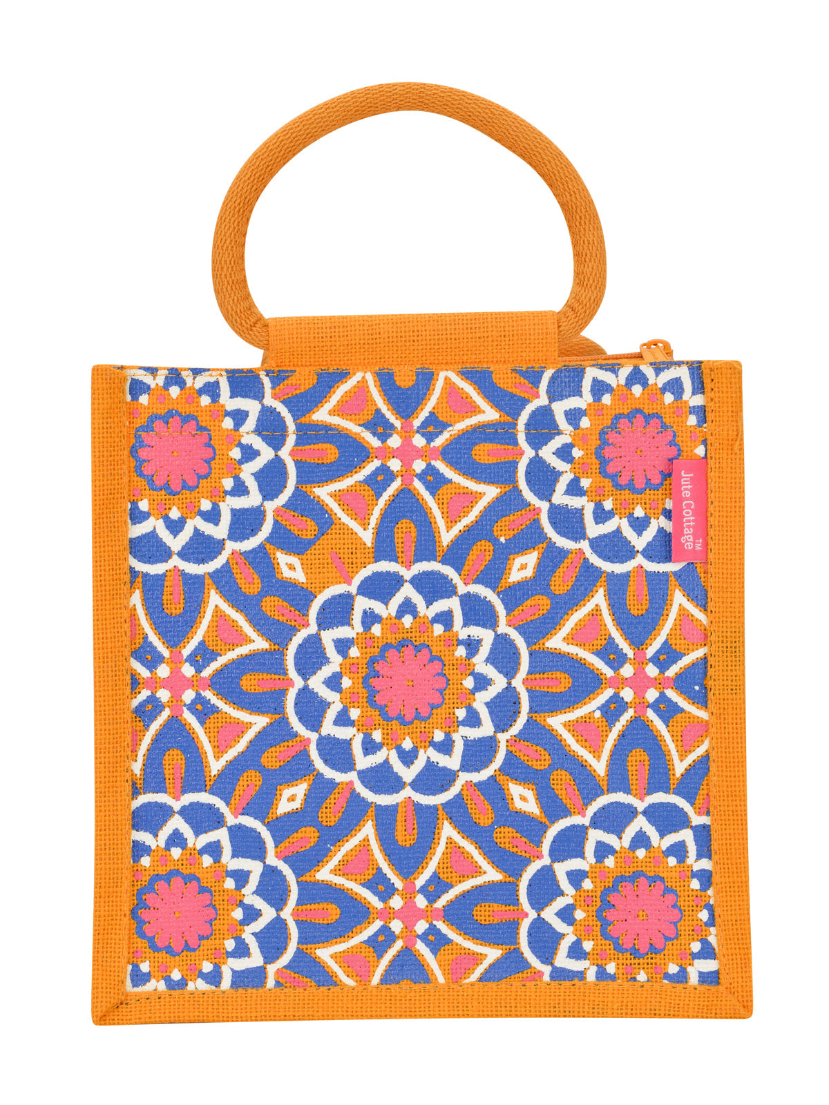 JUTE COTTAGE MUGHAL PRINT ZIPPER LUNCH BAG, SUSTAINABLE, ECO-FRIENDLY, 100% GENUINE, STYLISH JUTE BAG (YELLOW 10X10X7)
