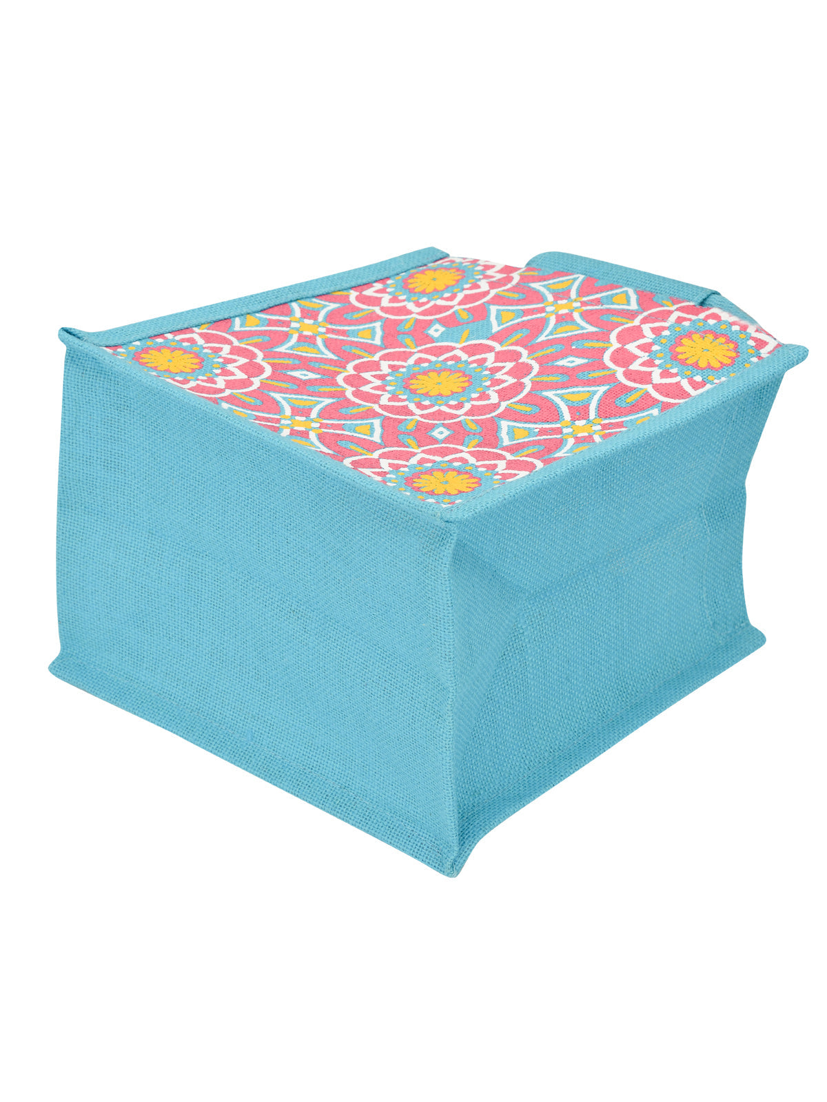 JUTE COTTAGE MUGHAL PRINT ZIPPER LUNCH BAG, SUSTAINABLE, ECO-FRIENDLY, 100% GENUINE, STYLISH JUTE BAG (TURQUOISE BLUE 10X10X7)