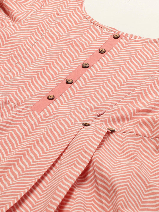 Women Peach-Coloured & Off-White Printed Pure Cotton Feeding Maternity A-Line Kurta