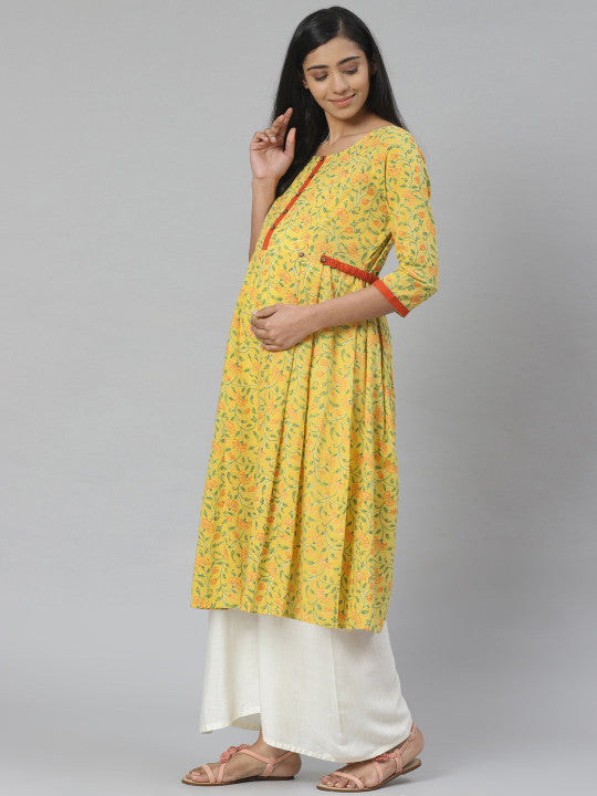 anayna Women Yellow & Green Printed Pure Cotton Feeding Maternity A-Line Kurta