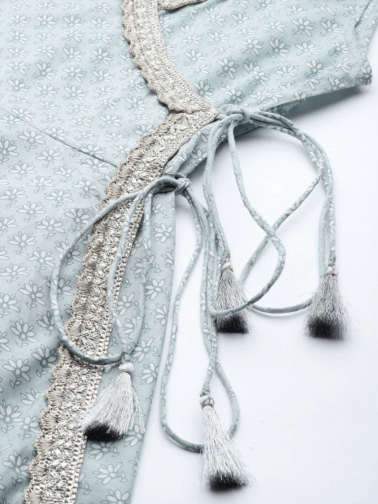 anayna Women Grey & White Floral Printed Angrakha Pure Cotton Kurta with Sharara & Dupatta