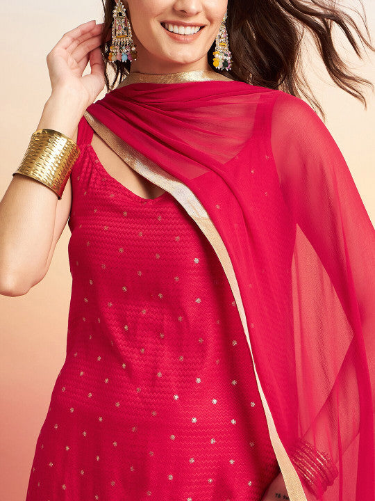 Sangria Embroidered Shoulder Straps Straight Kurta With Trousers & Dupatta