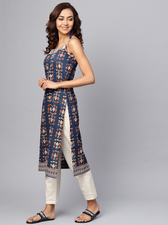 Women Navy Blue & Rust Orange Printed Straight Kurta
