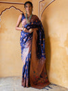 Janasya Navy Blue & Copper-Toned Paisley Woven Design Zari Banarasi Saree