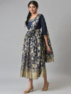 Aurelia Navy Blue Ethnic Motifs A-Line Midi Dress