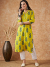 Sangria Green & Blue Floral Printed Pure Cotton V-Neck Kurta