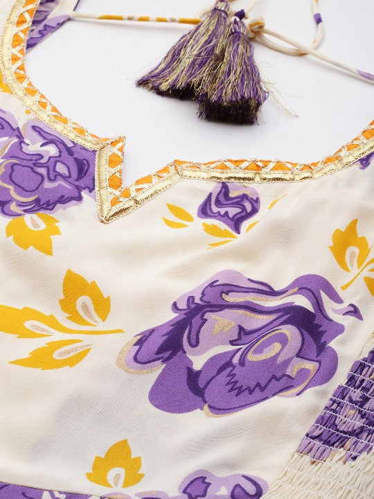 anayna Women Floral Printed Pleated Gotta Patti Kurta with Trousers & With Dupatta