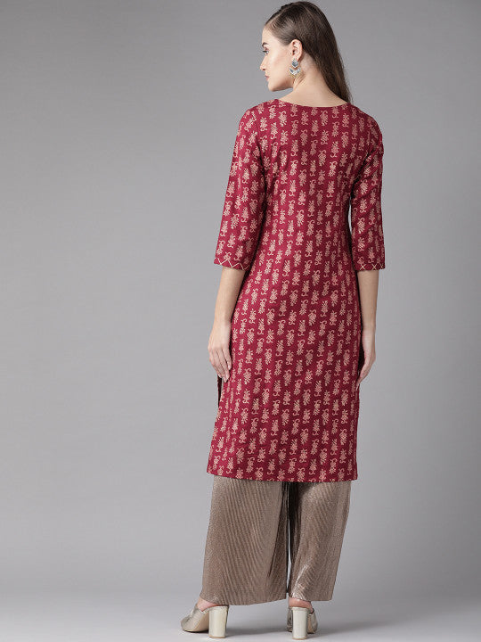 anayna Women Maroon & Golden Printed Straight Kurta