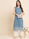 Here&now Blue & Beige Tie-Up Neck Ethnic Motifs Embroidered Straight Kurta