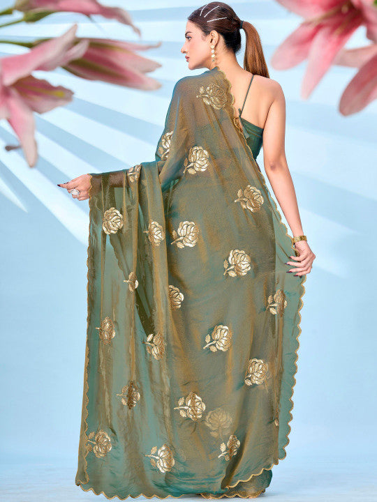 Tikhi Imli Floral Sequinned Embellished Satin Heavy Work Saree with Blouse Piece