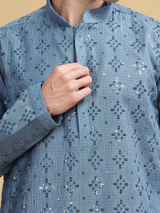 Turquoise Blue Embroidered Mandarin Collar Sequinned Lucknowi Cotton Straight Kurta
