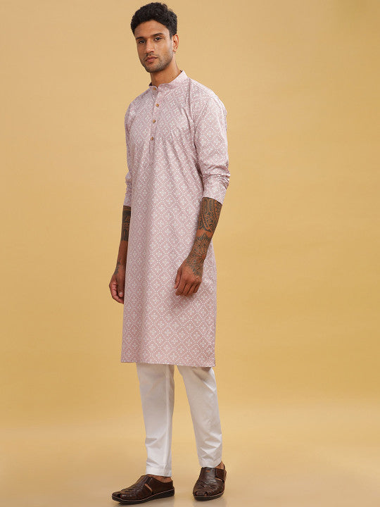 Geometric Printed Band Collar Straight Long Kurta