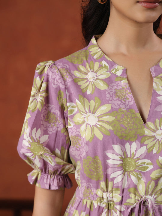 Anayna Floral Print Tie-Up Tiered Cotton Maxi Fit & Flare Dress