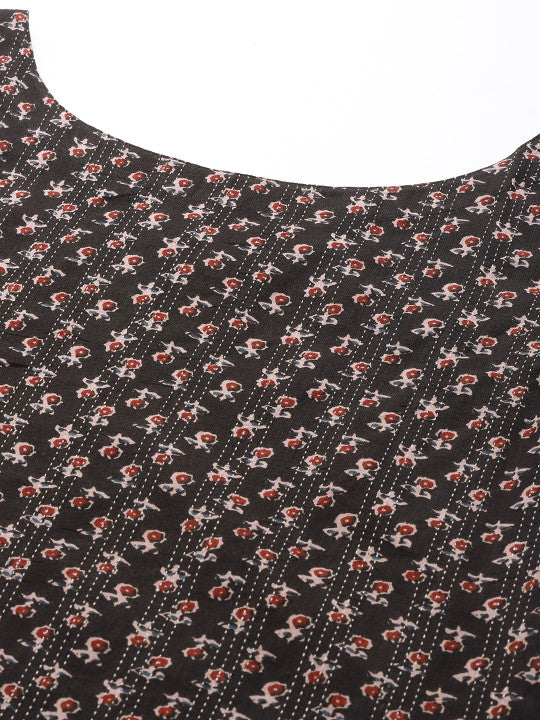 anayna Women Black & White Ethnic Motifs Printed Kantha Work Kurta