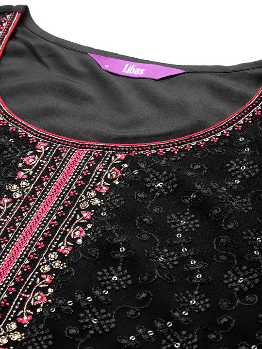 Libas Floral Embroidered Regular Thread Work Georgette Kurta with Trousers & Dupatta