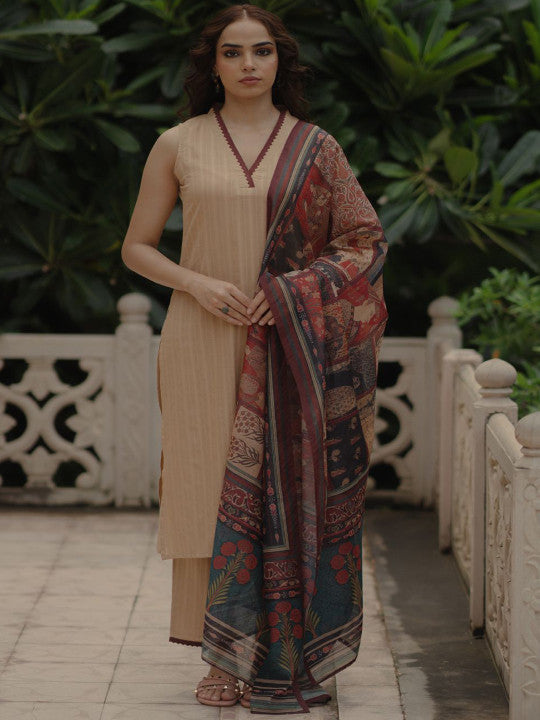 anayna Self Design V-Neck Straight Pure Cotton Kurta With Trousers And Dupatta