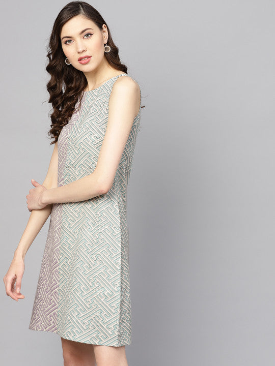 anayna Women Sea Green & Purple Printed A-Line Dress