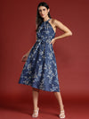 All about you Floral Print Halter-Like Neck Lace Detailed Belted A-Line Midi Dress