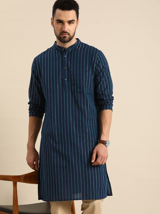 Anouk Men Navy Blue Striped Cotton Kurta