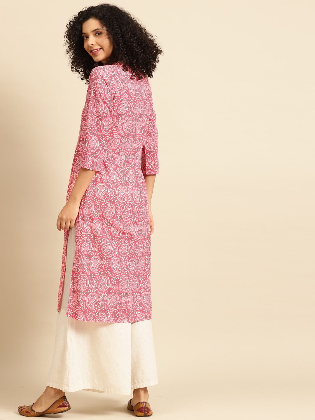 anayna Women Pink & White Paisley Screen Print Cotton Kurta