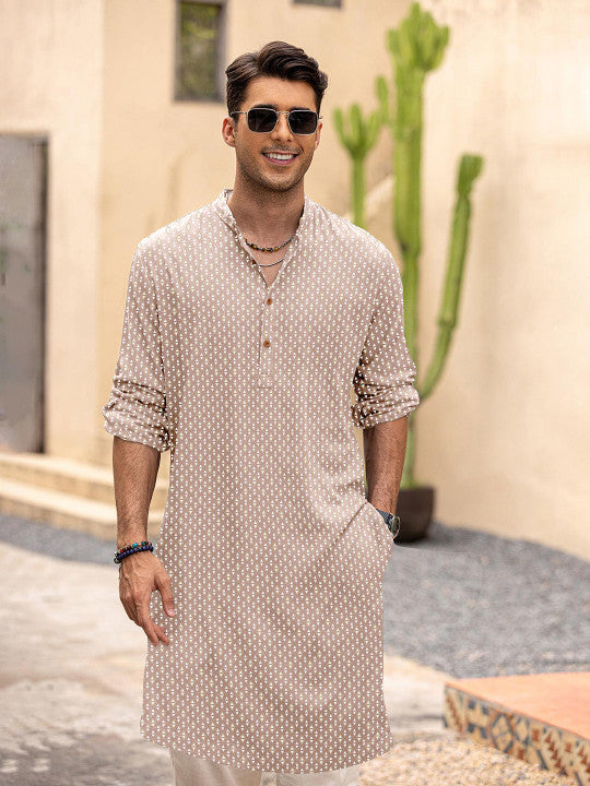 Geometric Printed Mandarin Collar Straight Cotton Kurta