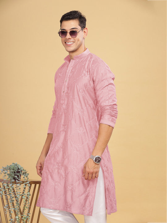 Anouk Pink Ethnic Motif Embroidered Band Collar Cotton Straight Kurta